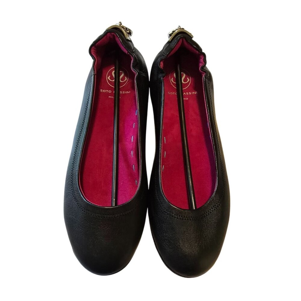 Soto Massini Milano Black Vegan Leather Orthotic Ballet Flats Silver Buckle 9-10 - Picture 2 of 7